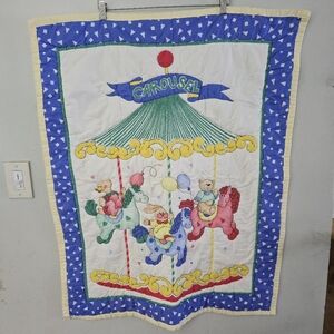 Carousel Baby Blanket 41.5”x32.5” Circus Fair Bunny Bear Duck Quilted